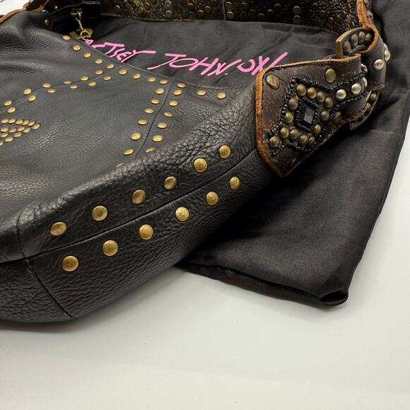 Vintage Y2K Betsey Johnson Black Leather Gold Toned Studded & Beaded Hobo Bag - Picture 4 of 14